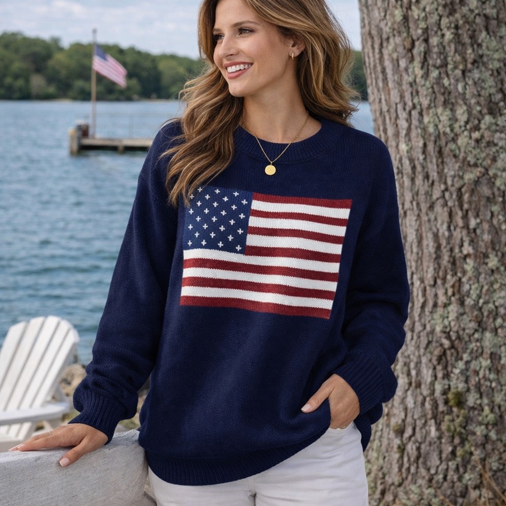 usa flag american 4th of july oversized knit sweater navy blue